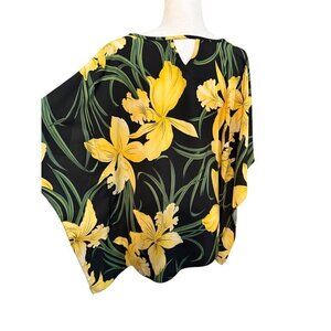 Susan Graver Black Yellow Green Floral Kimono Sleeve Top Women's Size Medium